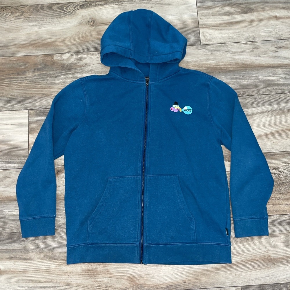 Vans Hoodie Teens XL Blue Full Zip Fleece Cartoon Graphic Vans Beach Back Print
